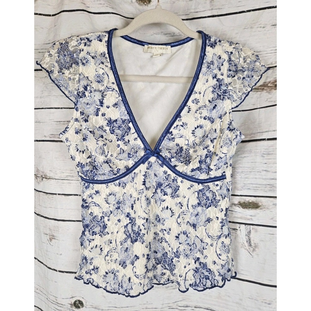 Thirty Thirty Lace Babydoll Top M Blue Ditsy Floral Y2K Coquette Fairy Lettuce